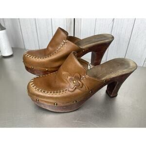 Vintage Y2K Xhilaration Brown Leather Flower Wood Chunky Clog Sandal Size 7.5